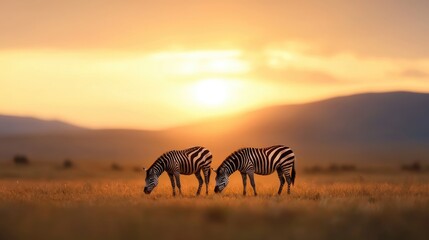 Striking Zebras Grazing Peacefully in a Grassy Field During a Breathtaking Sunset