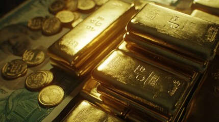 Shiny gold bars and coins stacked atop banknotes
