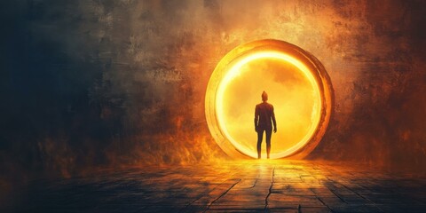 A figure stands before a glowing portal, symbolizing transition and exploration. Ideal for fantasy, adventure, and motivational themes.