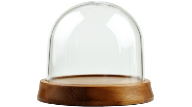 Empty glass dome display case on wooden base with transparent background