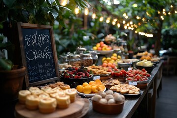 Fototapeta premium Restaurant open sign displaying delicious food on wooden table