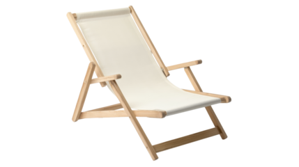 Wooden deck chair with white canvas on transparent background