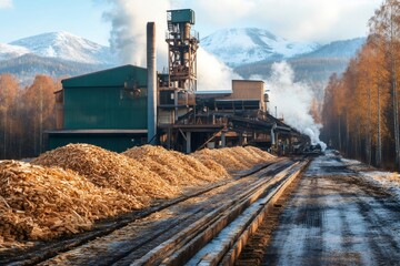 Naklejka premium Wood chip piles forming lines at lumber mill with smoking chimneys and snowy mountain peak