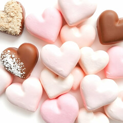 Fototapeta premium Fluffy heart shaped marshmallows arrangement in natural earth tones with pastel colors on a white background
