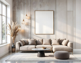 Fototapeta premium Modern Living Room with Triple Frame Mockup and Scandinavian Decor