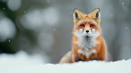 Fototapeta premium Captivating Red Fox Sitting in Snowy Landscape with Gentle Snowfall and Soft Background Blur