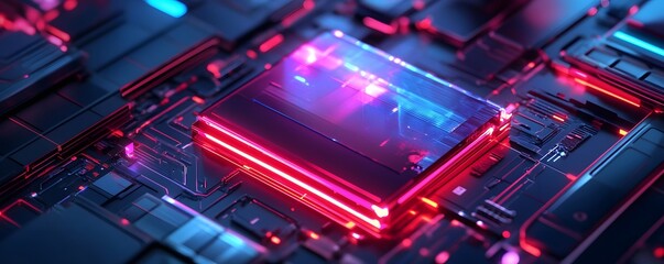 Fototapeta premium A close-up of a futuristic microprocessor, illuminated with vibrant blue and red lights, showcasing intricate circuit patterns, symbolizing advanced technology and digital innovati