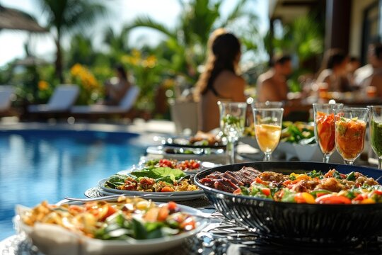 Delicious food and drinks by the poolside, friends enjoying a summer party