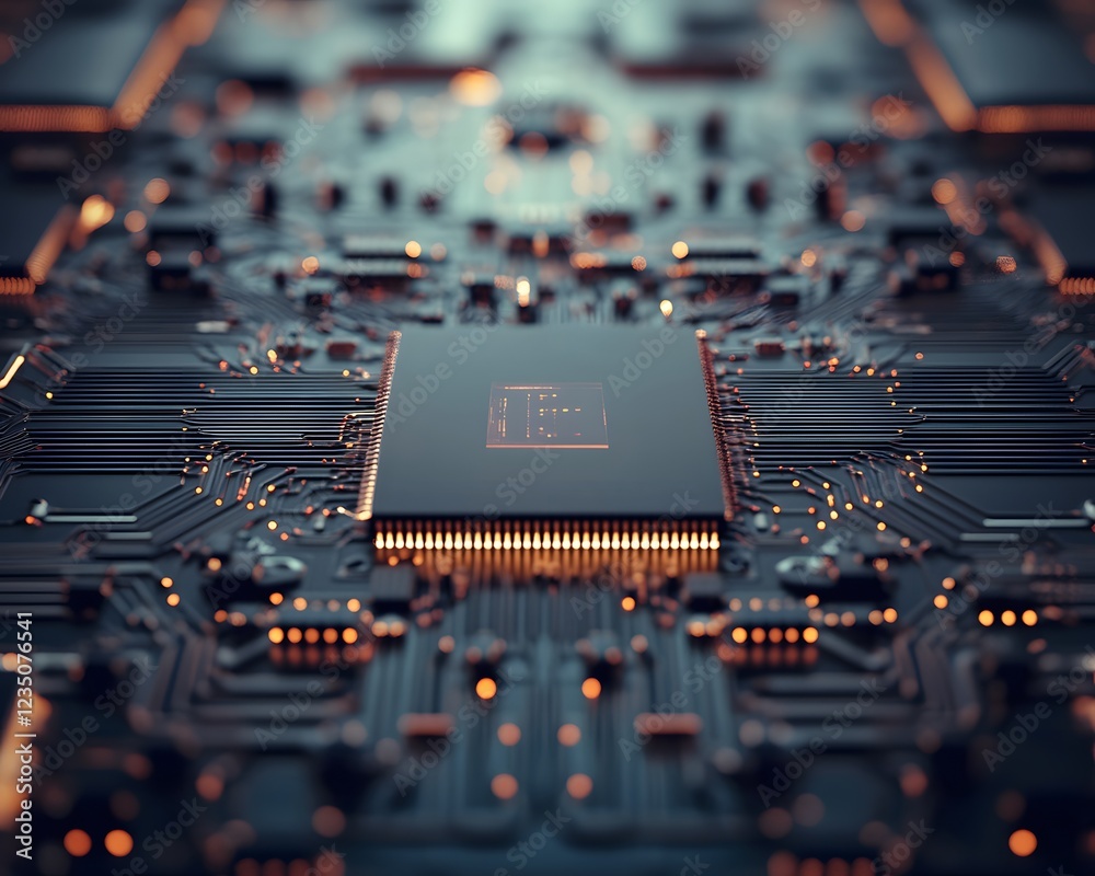 Poster a close-up view of a modern microprocessor on a circuit board, showcasing intricate connections and 