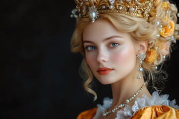 Fototapeta premium Princess wearing golden crown, pearl necklace and yellow roses posing for portrait