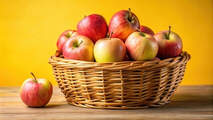 A wicker basket brimming with ripe, red apples, showcasing a delightful harvest of nature's bounty.