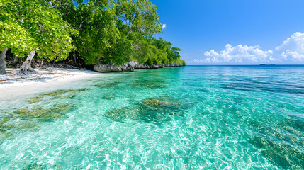Fototapeta premium Tropical beach paradise, clear water, lush trees, sunny sky, travel destination