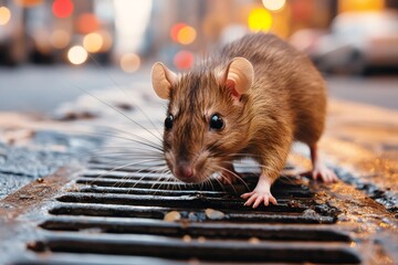 Brown rat exploring city street at night, rodent emerging from sewer grate