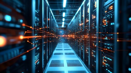 Fototapeta premium A futuristic data center corridor filled with servers and glowing data flows, illustrating the power of modern technology and data management in a high-tech environment.