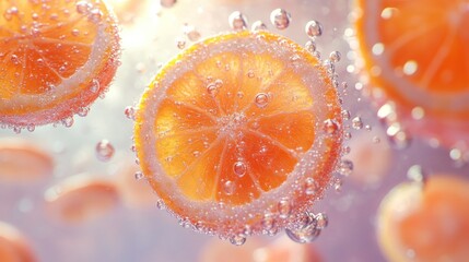 Sliced oranges floating in bubbly water; refreshing drink concept