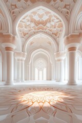 Obraz premium Serene, sunlit hall with intricate architectural muslim mosque details.