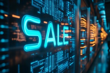 Futuristic server room showing big sale sign on digital screen