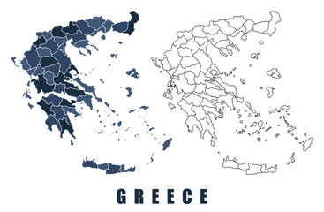 Greece map regions border outline vector set