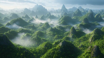 Obraz premium Lush green mountain landscape shrouded in morning mist