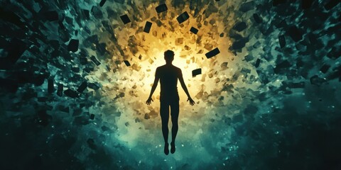 Abstract representation of a figure in a dynamic environment, suitable for concepts of freedom, spirituality, and creativity.