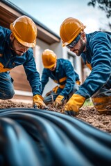 Construction workers installing underground pipes. Teamwork and precision in action.