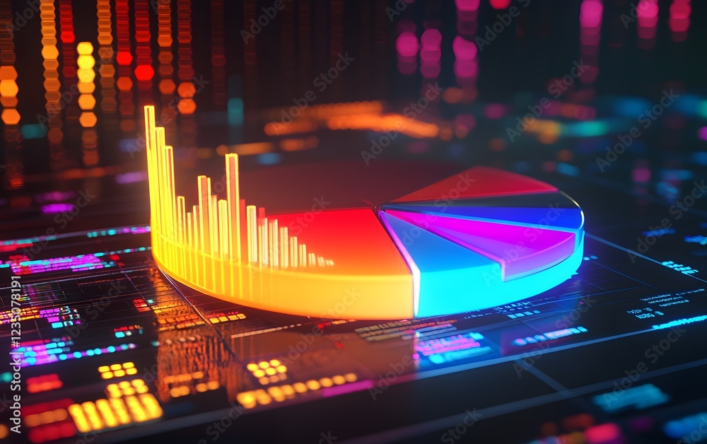 Poster a vibrant, colorful pie chart on a digital interface, representing data visualization. the dynamic c