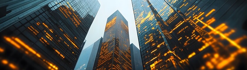 Obraz premium A stunning view of towering skyscrapers in an urban setting, illuminated by vibrant lights