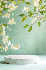 Stone display platform with spring blossoms and greenery.
