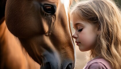 Fototapeta premium A tender moment shared between a young girl and a gentle horse, showcasing the connection and bond between humans and animals in a serene setting.