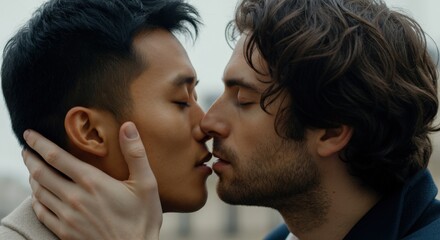 Fototapeta premium Diverse relationship and romantic connection between young asian and caucasian males