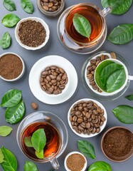 una mezcla de granos de cafe tostados con hojas de té e infusión