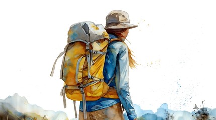 Fototapeta premium Stunning Watercolor Illustration of a Hiking Adventure in the Mountains, Perfect for Travel Blogs, Adventure Magazines, and Outdoor Gear Websites.
