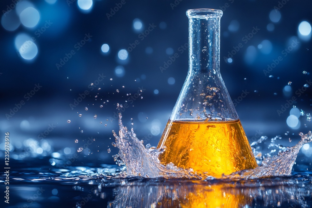 Poster erlenmeyer flask with orange chemical liquid splashing in water on blue bokeh background