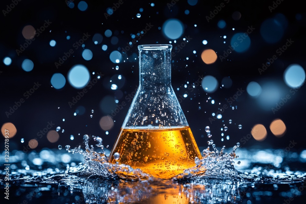 Aufkleber erlenmeyer flask with orange liquid splashing in water on dark background
