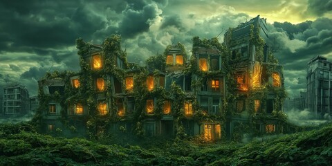 Fototapeta premium Abandoned building overtaken by nature, illuminated from within. Ideal for themes of decay, nature reclaiming urban spaces, and environmental commentary.