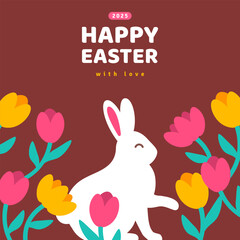 Poster with white Easter bunny silhouette, spring flowers, pink tulips. Vector flat illustration. Holiday banner, flyer or greeting voucher, brochure design template layout. Place for text.
