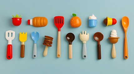 Colorful cooking utensils for kids, playful kitchen tools, vibrant and creative design, minimalistic setup, child-friendly kitchenware, fun culinary play, educational, artistic flat lay