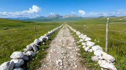 Fototapeta premium Mountain road, grassy plain, summer day, scenic view, travel
