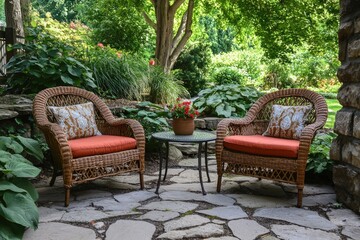 Obraz premium Two wicker chairs creating relaxing atmosphere in lush garden