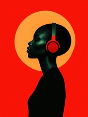Minimalist Digital Portrait of an African Woman Wearing Red Headphones Against a Bold Red and Orange Graphic Background