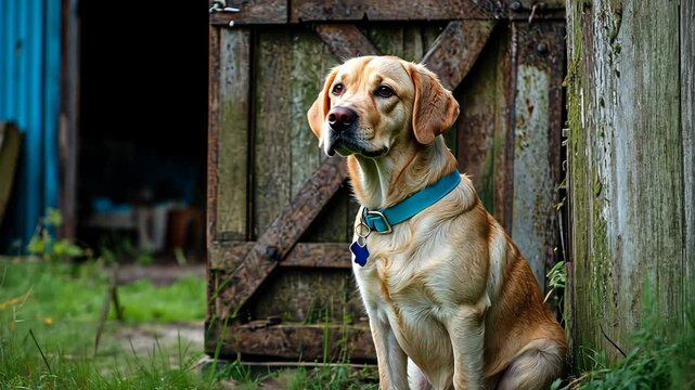 Labrador retriever sitting calmly near a rustic gate in a grassy field during daylight hours