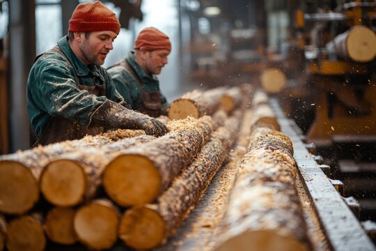 Carpenters working with wood in sawmill processing logs into lumber