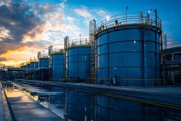 Obraz premium Water treatment plant reflecting on water at sunset