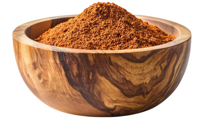 Ground chili pepper filling a wooden bowl on transparent background