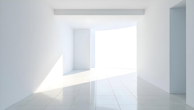 Pasillo moderno y minimalista con paredes blancas. Suelo blanco y brillante