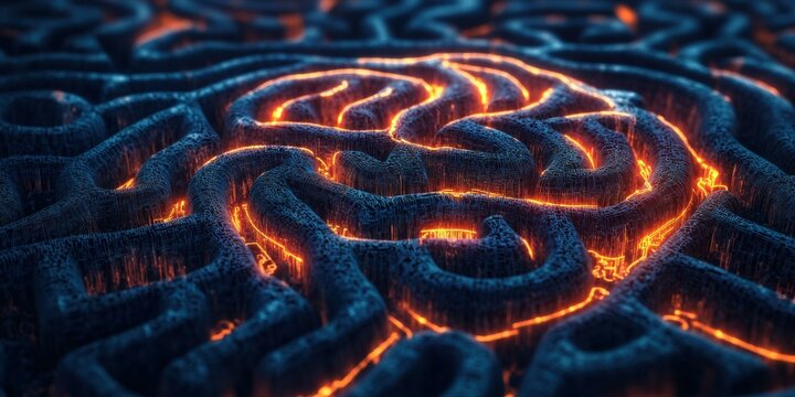 Abstract representation of a brain maze with glowing pathways, suitable for technology, neuroscience, and creativity themes.