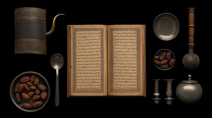 Antique book, dates, and vintage tableware on black background.