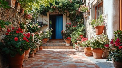 Fototapeta premium Blooming flowers adorning a picturesque italian courtyard