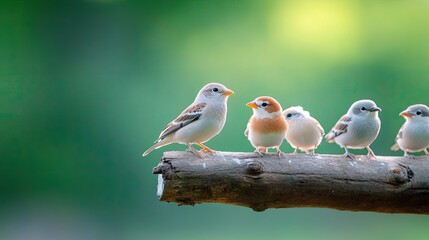 Obraz premium group of birds perched on log in tranquil forest surrounded by green foliage