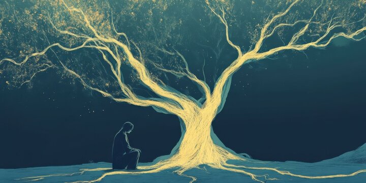 A serene scene depicting a figure in contemplation beside a glowing tree, symbolizing introspection and connection with nature. Ideal for wellness and meditation themes.